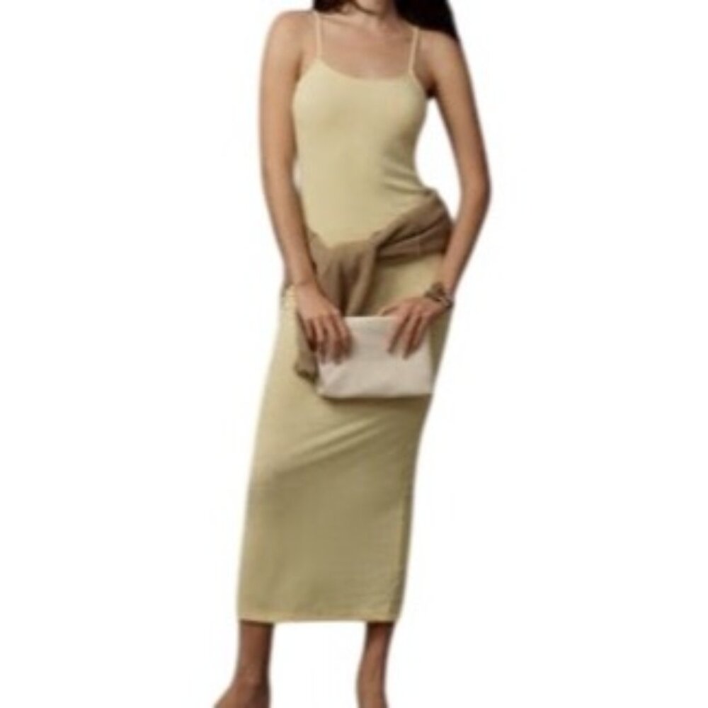 Anthropologie XL Yellow Ribbed Knit Maxi Dress Adjustable Straps & Back Slit